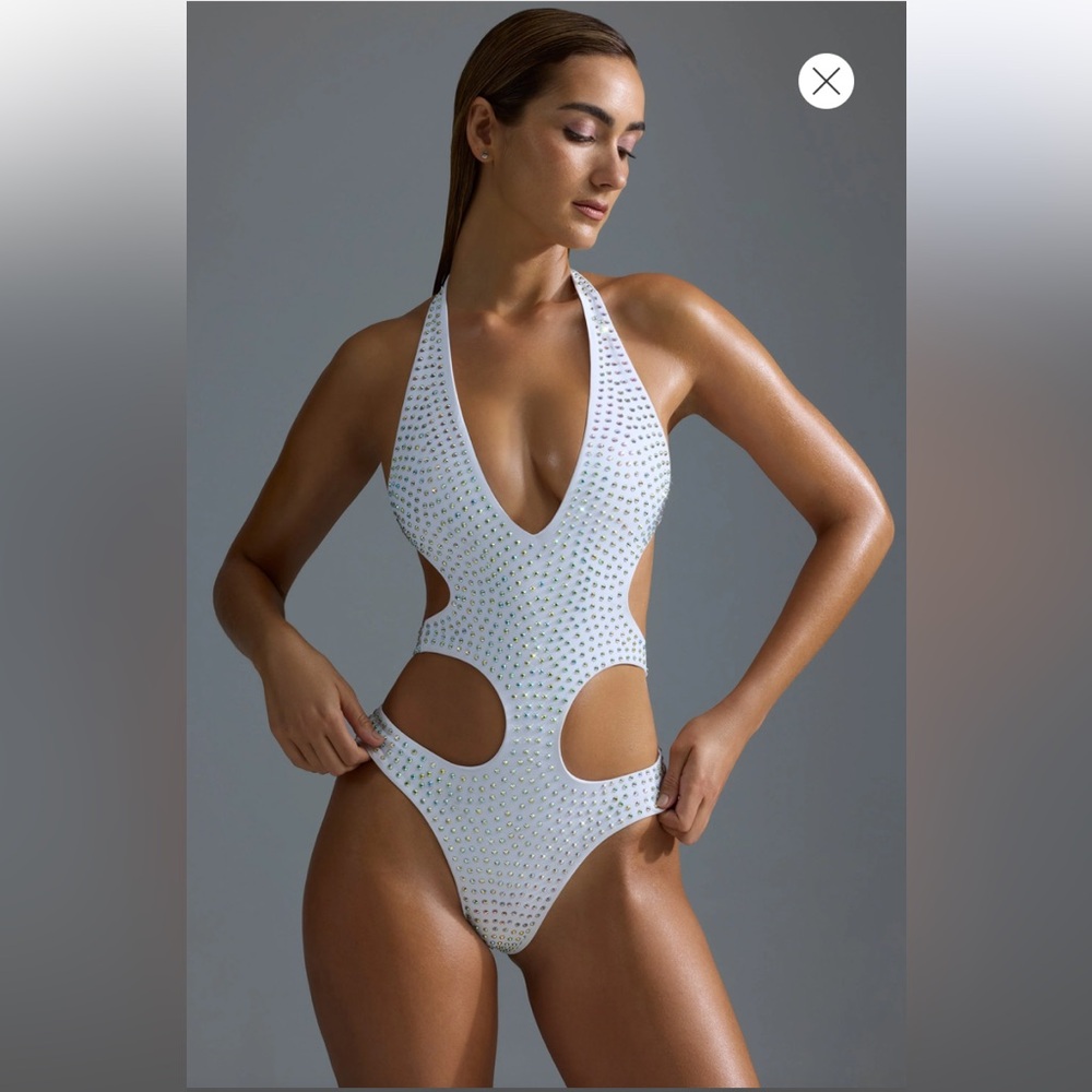 Oh Polly White Embellished Cut-Out One-Piece Swimsuit - Size XL - worn once